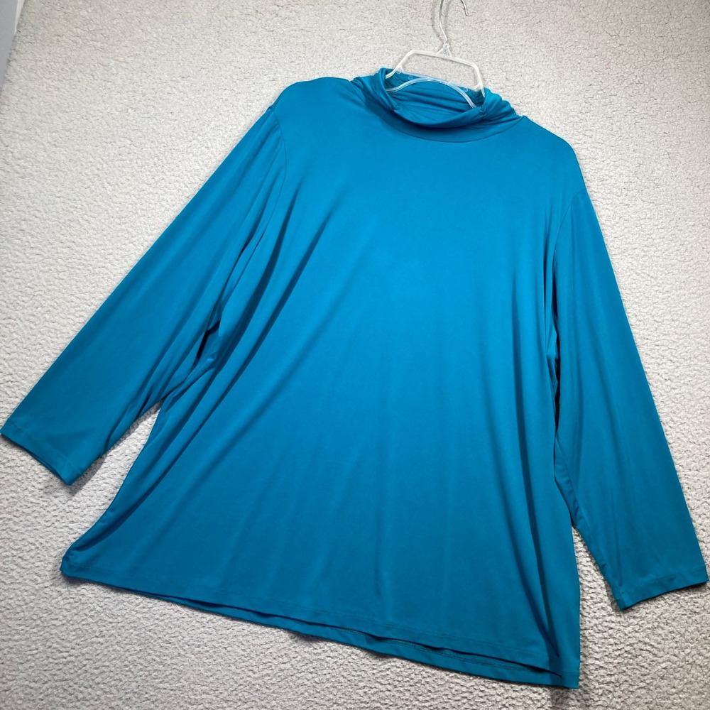 Susan Graver Mock Neck Top Womens 2X Teal Blue Liquid Knit Long Sleeve Stretch‎